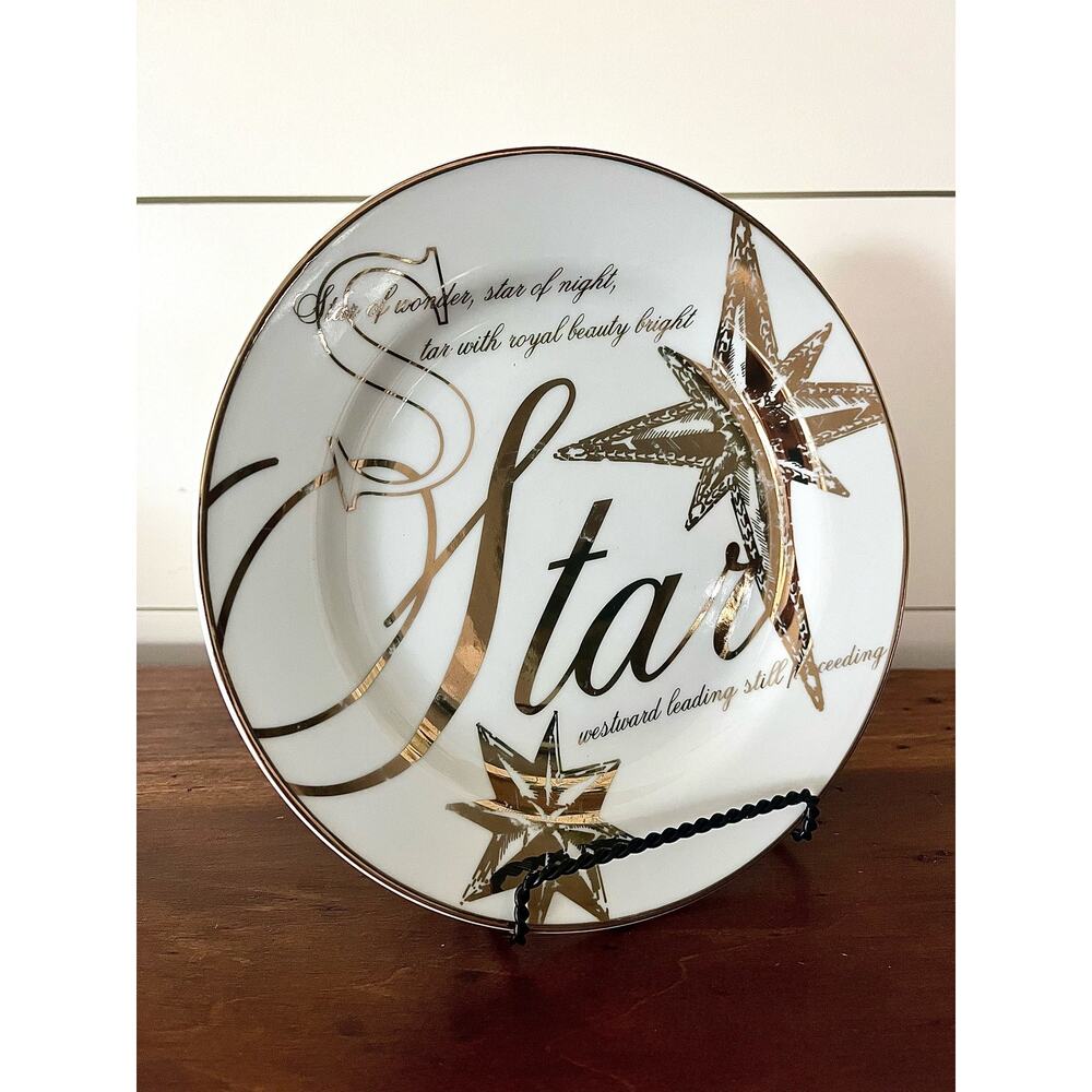 Vintage Gold & White Star Holiday Ceramic Dessert Plate Home Decor